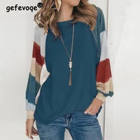 2022 new spring autumn block color patchwork long sleeve t shirt loose casual pullover tops women o neck streetwear fashion tees