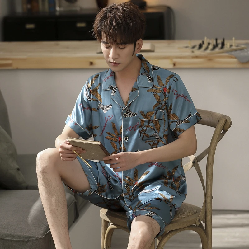 Летняя Пижама для мужчин одежда сна атласная шелковая мужская ночная рубашка с