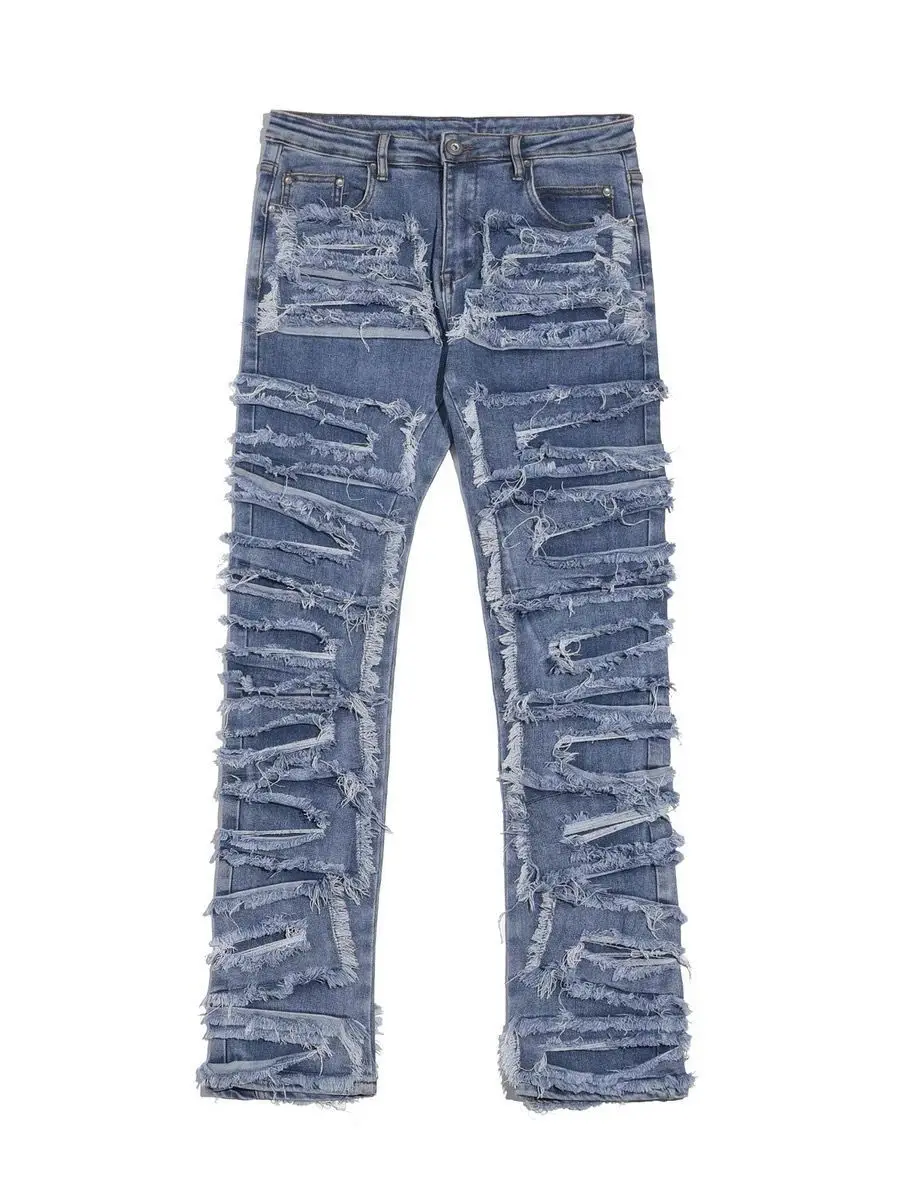 European and American high street washed cat mustache damaged patch jeans made old beggars show thin leg pants ins tide