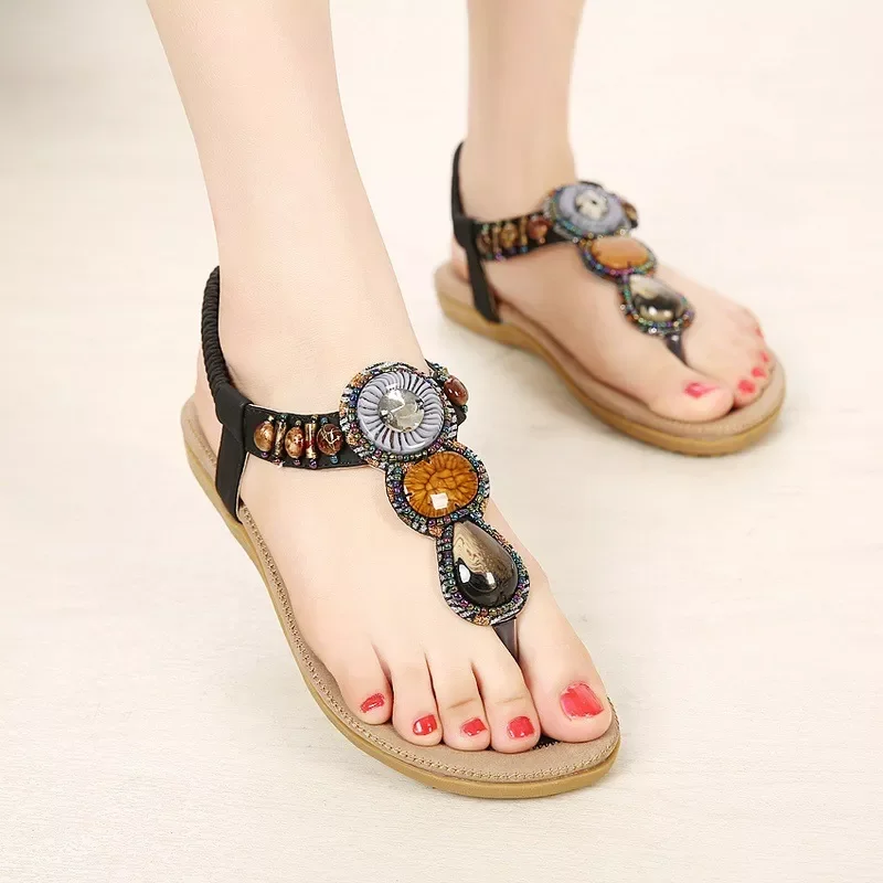 

Сандалии женские на плоской подошве, дышащие босоножки с бусинами, модная обувь в богемном стиле, 2022