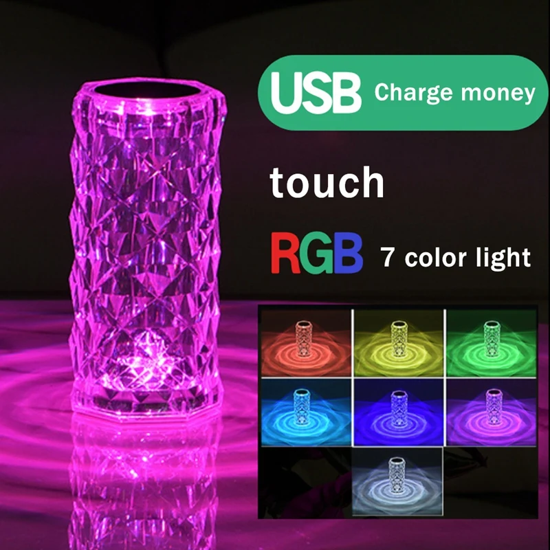 

LED Crystal Table Lamp Rose Light Projection Lamp LED Atmosphere Bedroom Bedside USB Rechargeable Night Light
