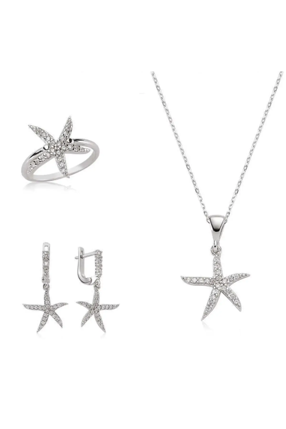 

Women's White Sea Star Silver Set earrings necklace ring