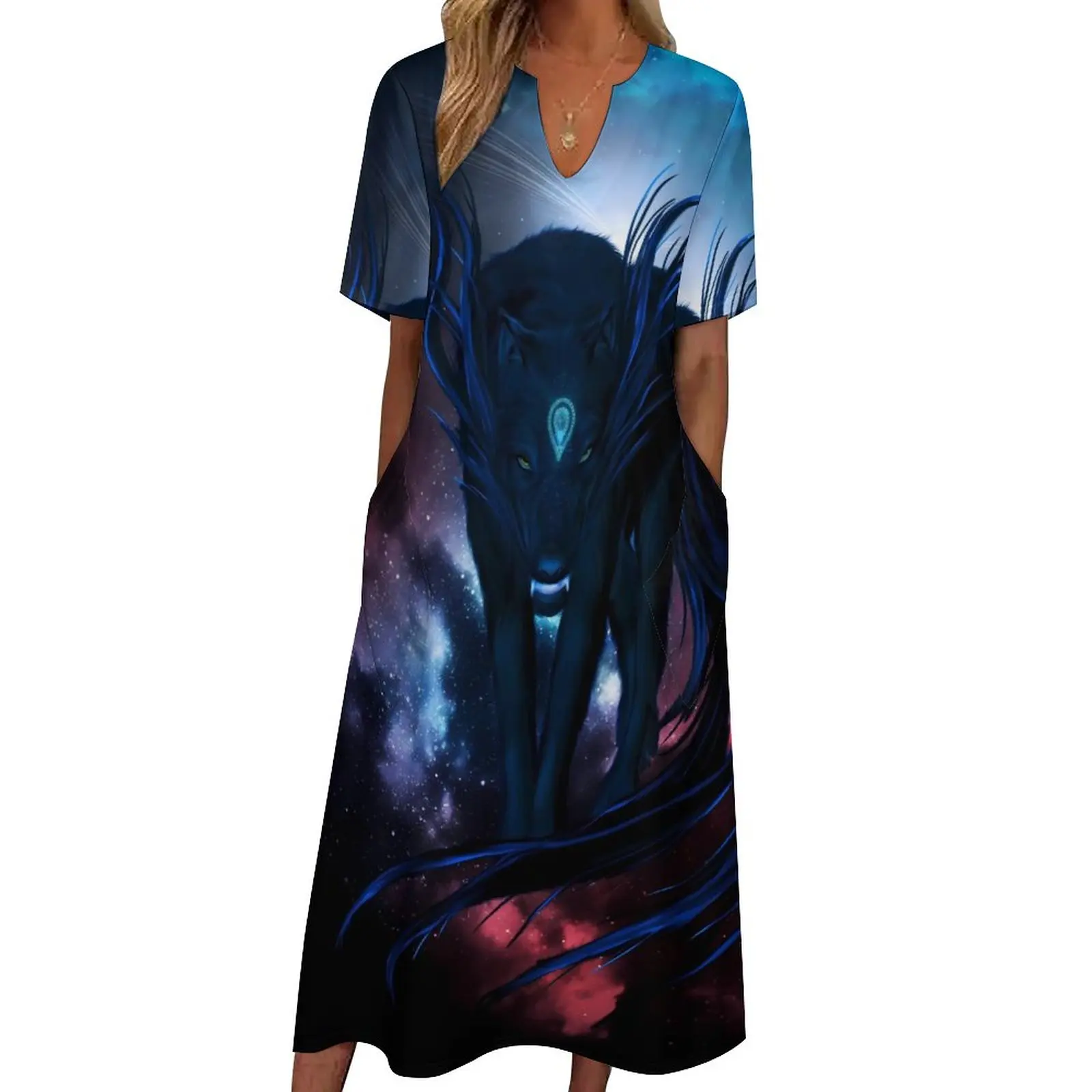 

Fantasy Wolf Dress Summer Awesome Animal Street Fashion Casual Long Dresses Womens Pattern Elegant Maxi Dress 3XL 4XL 5XL