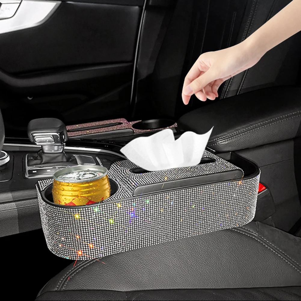 

Diamond Car Seat Crevice Gap Storage Box Bling Rhinestone Auto Drink Cup Holder Coins Keys Tissue Box Organizer Auto Accessories