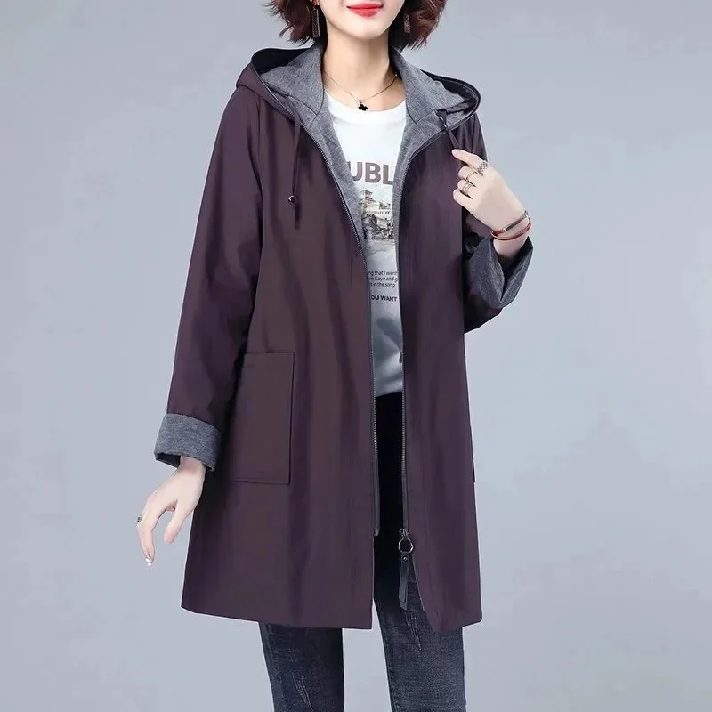 

Windbreaker Female 2023New Hooded Jacket Large Size 8XL Women's Coat Spring Autumn 150KG Outwear Long Fashion Overcoat Trend Top