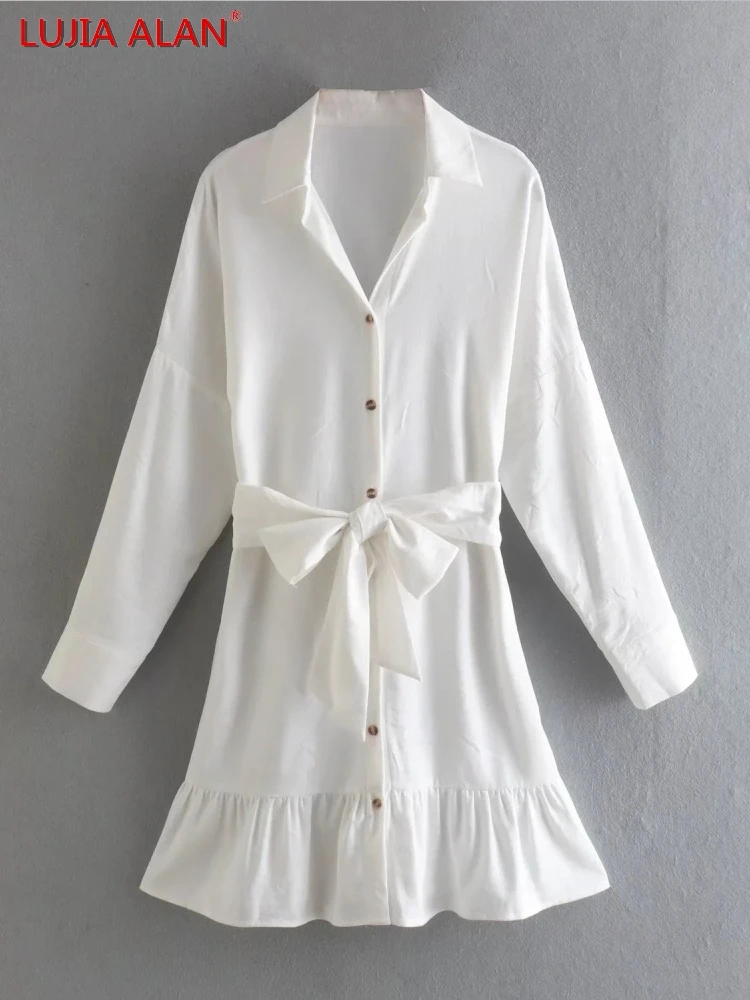 

Turndown Collar Sashes Women Shirt Dress Summer Female Long Sleeve Mini Vestidos Elegant Streetwear LUJIA ALAN WD281