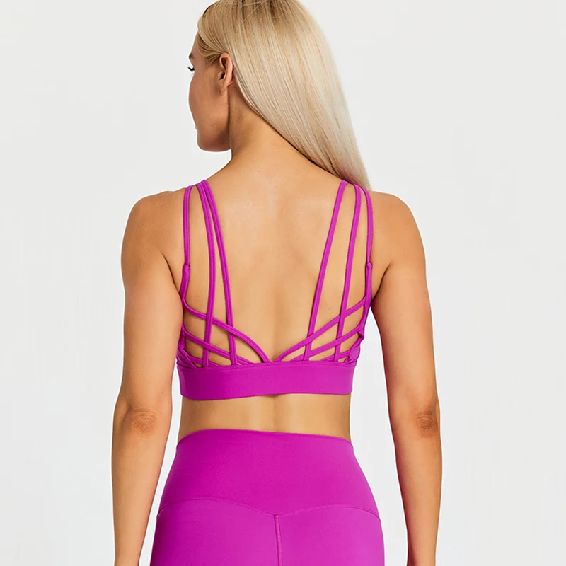ABS LOLI Strappy  Sports Bra Women Wirefree Padded Medium Support Fitness Yoga Bras V-neck Cross Back Running Workout Tank Tops