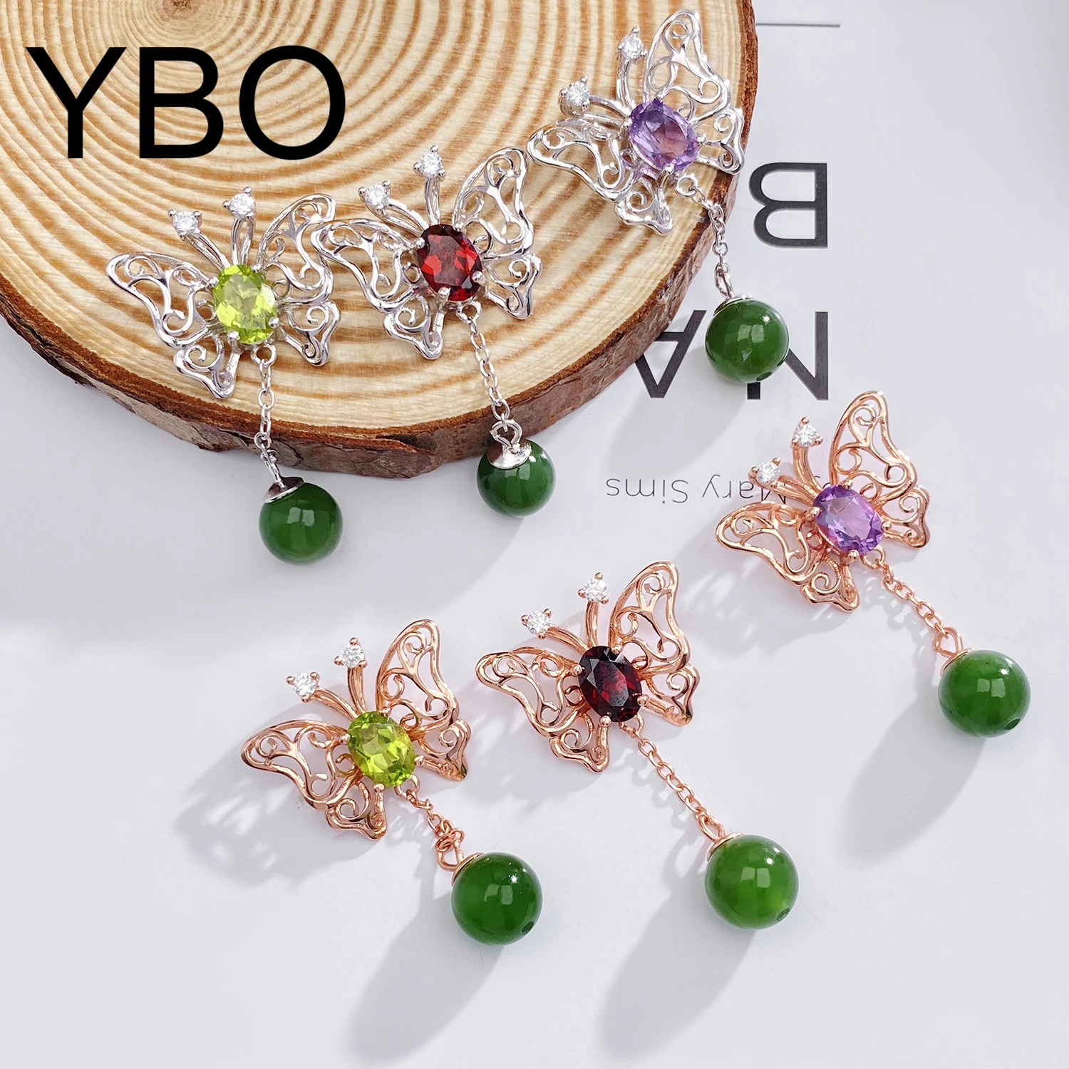 

YBO Hollow Out Butterfly Pendants Natural Gemstone Amethyst Peridot Garnet Jasper Necklaces 925 Sterling Silver Clavicle Chains