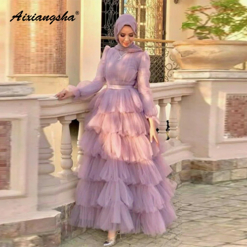 

Aixiangsha Purple Long Sleeve Prom Dress Tiered Pleat Layered Sash A-Line Muslim Evening Gown Vestido De Fiesta De Noche