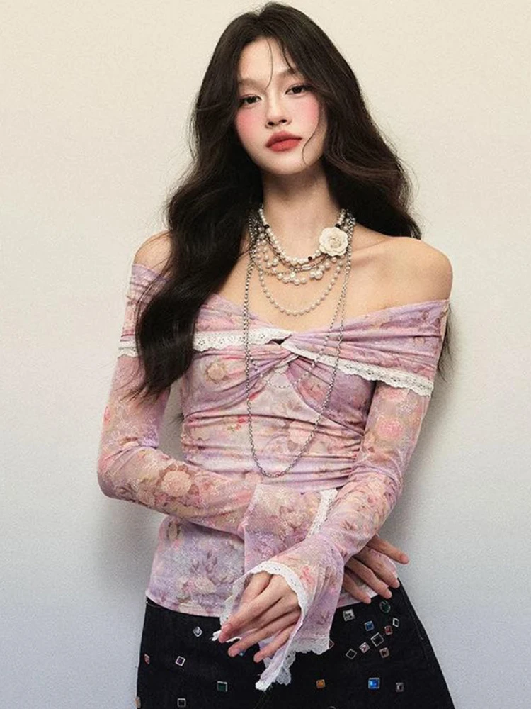 Сексуальные кружевные лоскутные марлевые футболки с вырезом на шее женские топы