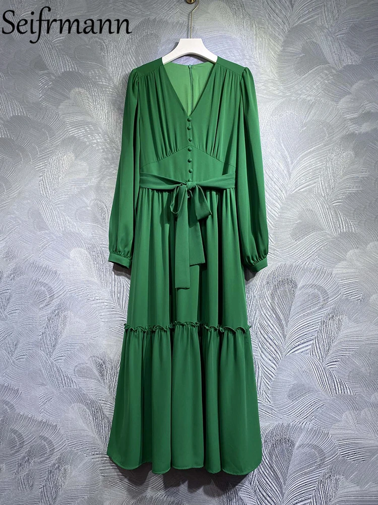 Seifrmann High Quality Summer Women Fashion Runway Green Dress Long Lantern Sleeve Belt Shirring Ruffles Trim Hem Long Dresses