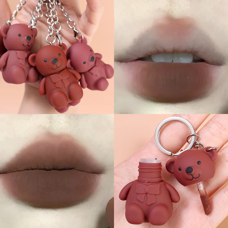 

Cute Bear Keychain Matte Velvet Lip Glaze Waterproof Long Lasting Lip Gloss Silky Smooth Lipstick Makeup Sexy Women Lip Balm