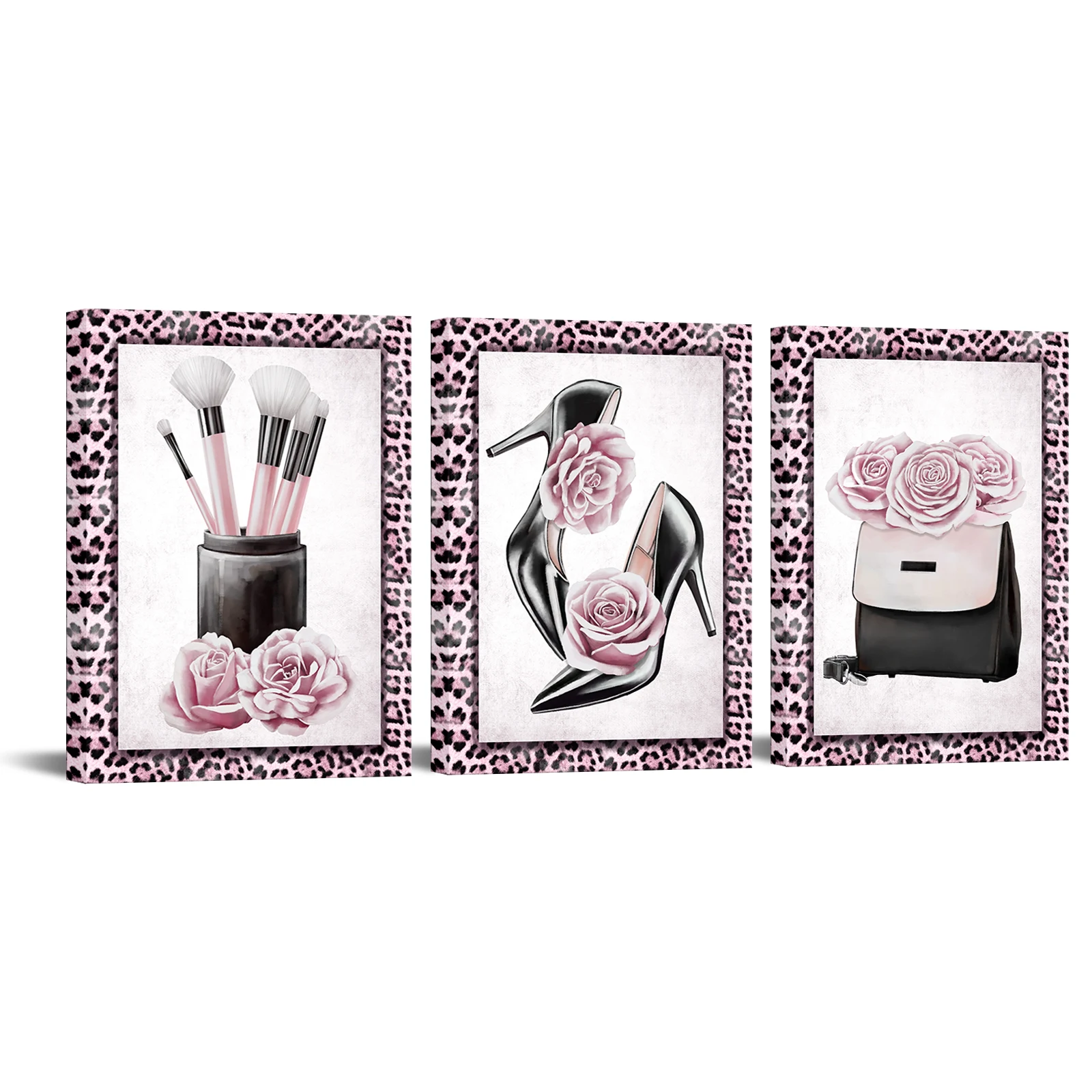 

3 Pieces Flowers and Bag Wall Art Canvas Painting Pink Leopard Poster Print Modern Style Picture Living Room Home Decor