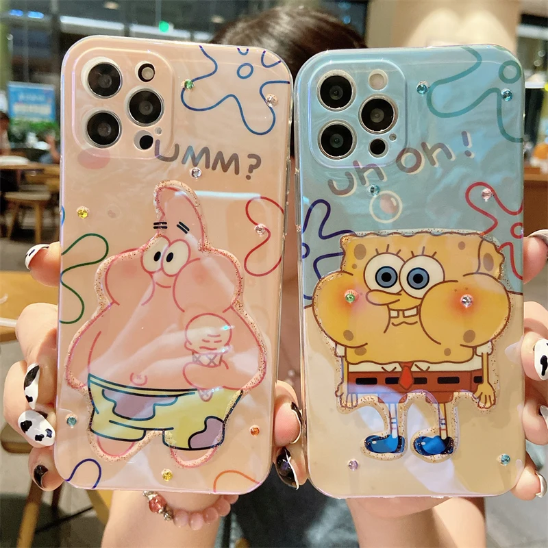 

Cartoon Cute Sponge and Star phone case For IPhone 13 Couple Models Case For IPhone 12 Mini 11 Pro XR X XS Max Transparent Cover