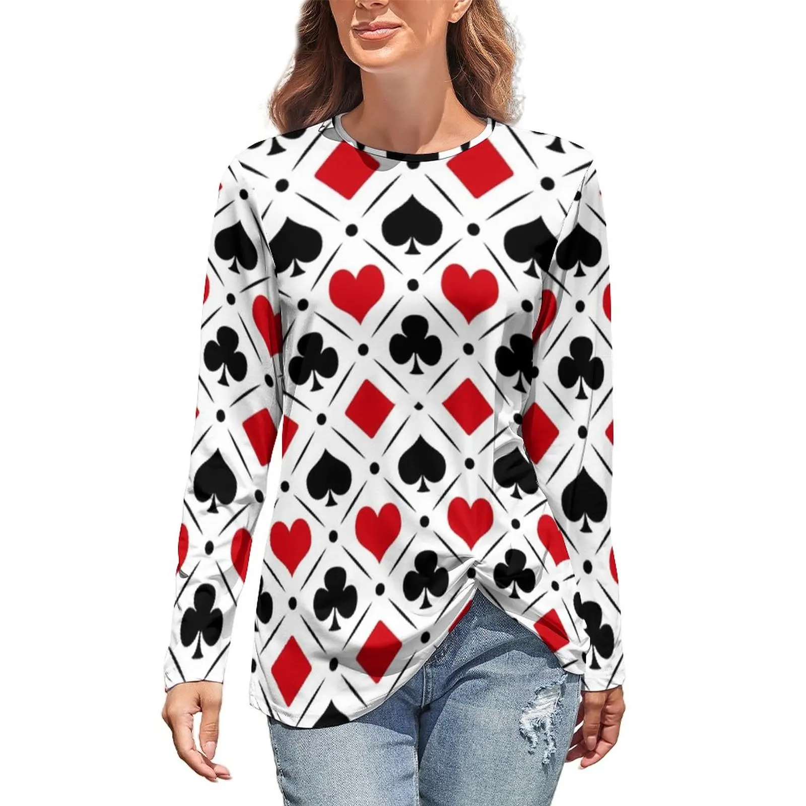 

Heart Poker T-Shirt Red Black Plaid Simple Long Sleeve T Shirts Women Street Fashion Tshirt Oversize Pattern Tees