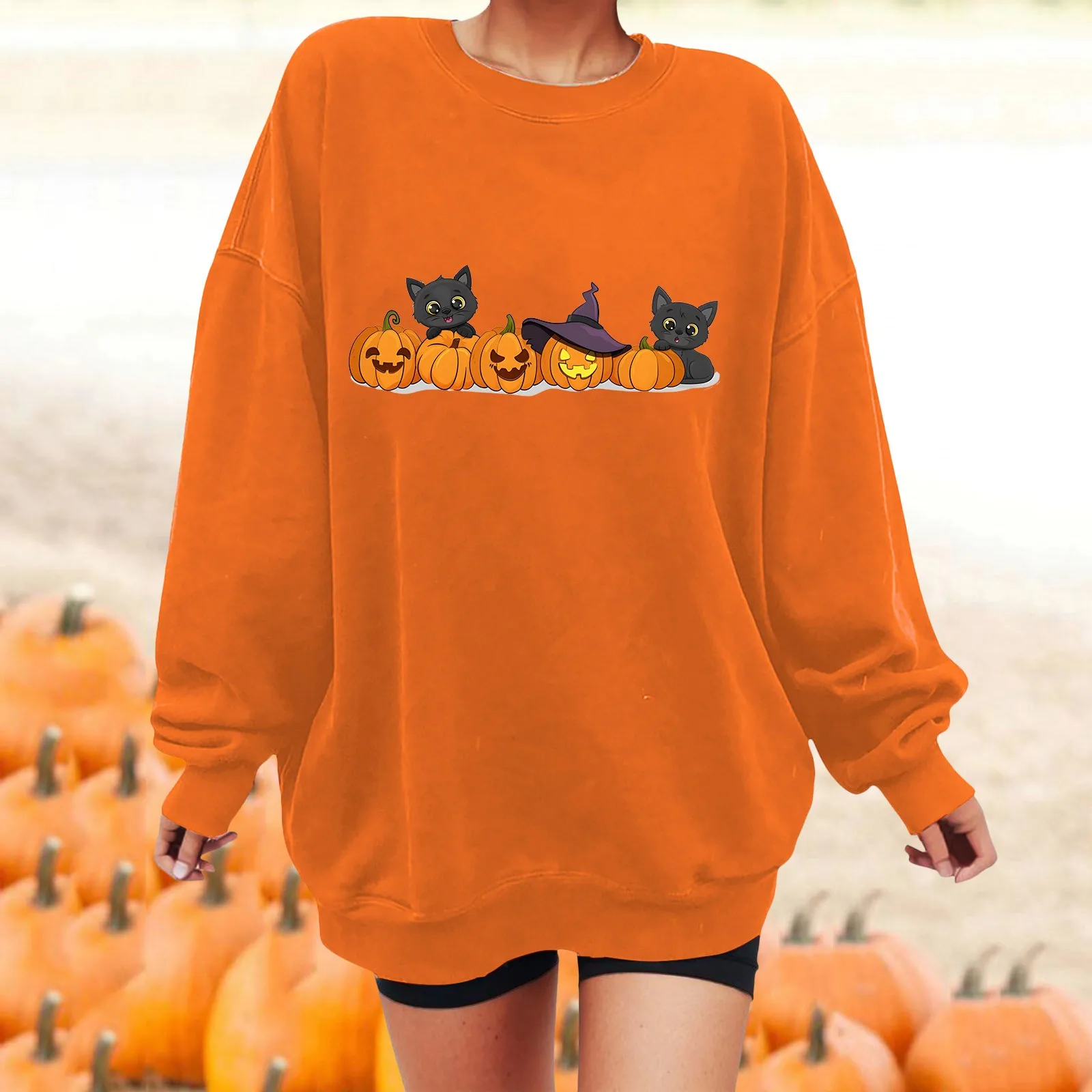 

Pumpkin Cat Print Oversized Sweatshirt For Women Fleece Loose Sweatshirts Long Sleeve Crewneck Cozy Pullover Halloween Costome