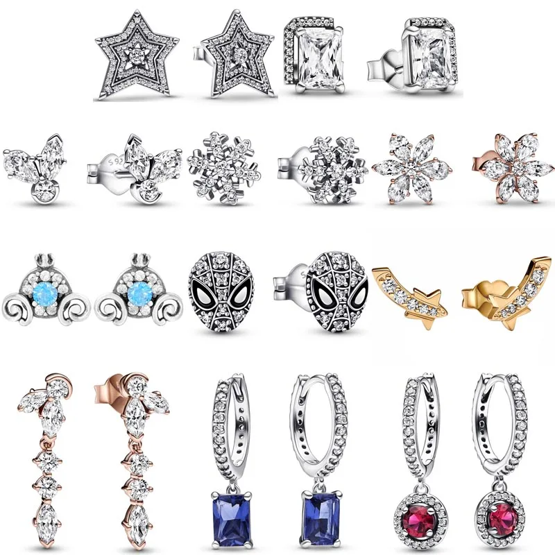 

Authentic 925 Sterling Silver Snowflake Rectangular Halo Mask Herbarium Cluster Asymmetric Star Earring For Women Gift Jewelry