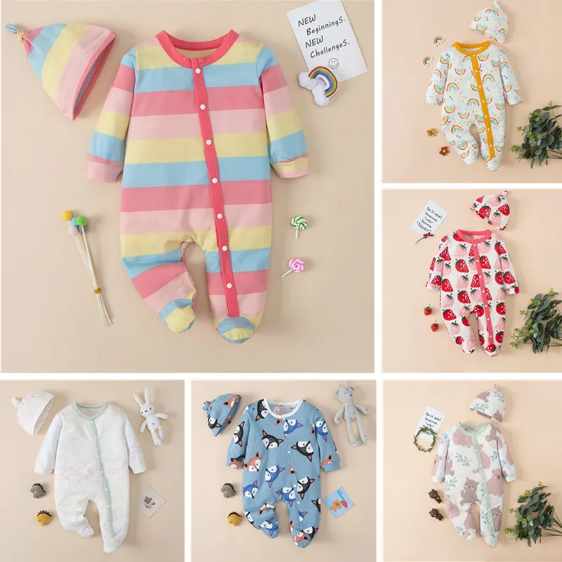 

0-12M Baby Rompers Toddler Pajamas Autumn Thicken Rompers Newborn Bodysuit Cotton Cartoon Jumpsuit Wrapped Feet Romper Hat Set