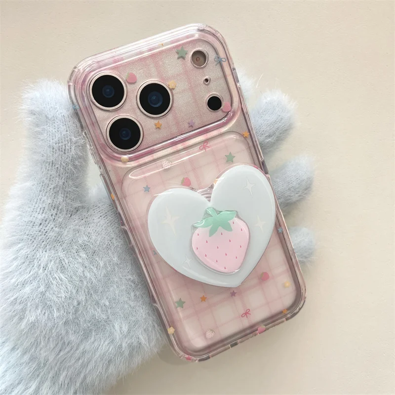 Фото Милый розовый прозрачный чехол в клетку для iPhone 15 16 17 Pro Max, противоударный, с 3D-дизайном: звезды, клубника, бантики, сердечки, ручка-держатель №4