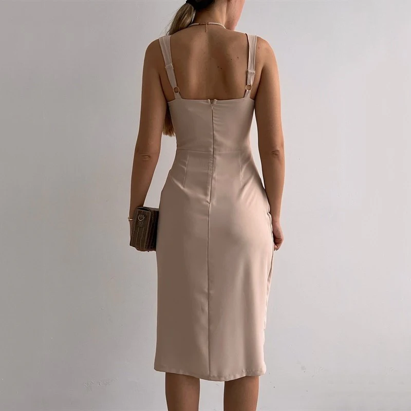 Ardm Sexy Pleated Split Bodycon Summer Midi Dresses For Women 2022 Sleeveless Backless Holiday Party Spaghetti Dress Vestidos