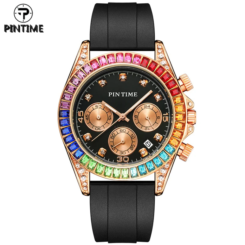 

Часы наручные PINTIME Мужские кварцевые, роскошные полностью алмазные цветные в стиле хип-хоп, с хронографом, с силиконовым ремешком