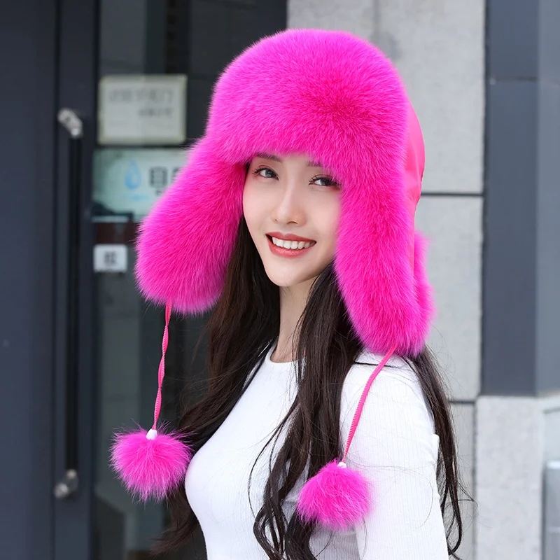 

100% Real Fox Fur Hat Women's Russian Ushanka Aviator Trapper Snow Skiing Hat Caps Earflap Winter Raccoon Fur Bomber Hat