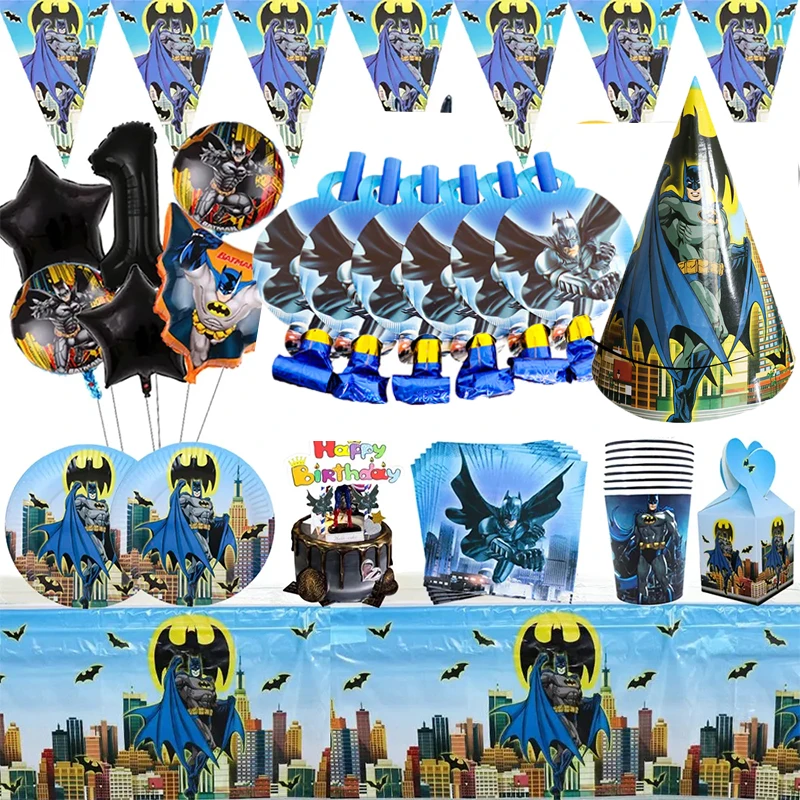 

Superhero Bat man Party Supplies Disposable Tableware Paper Plates Cups Napkins Set Kids Birthday Party Decor Baby Shower Gifts