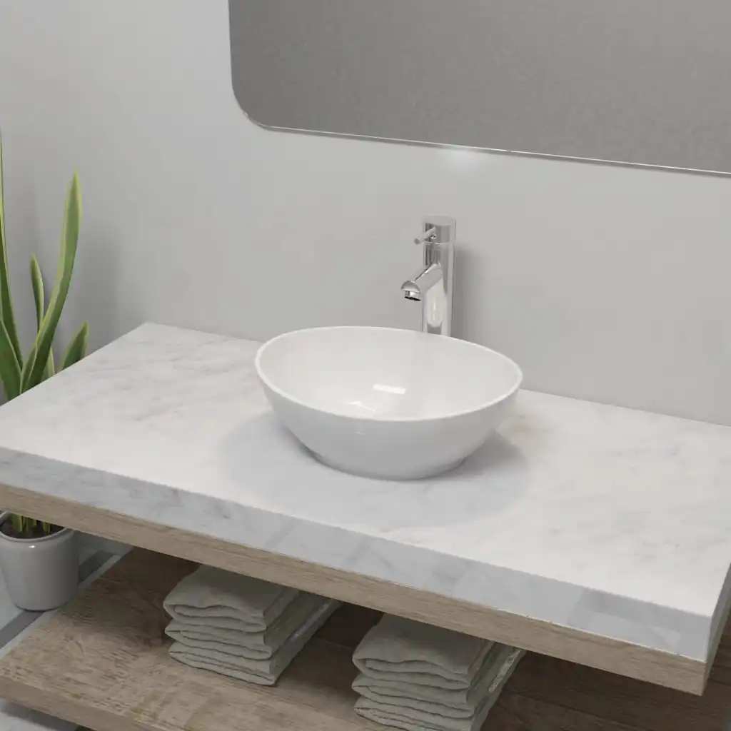 

Bathroom Wash Basin with Mixer Tap,Ceramic Bowl Sinks, Bathrooms Decoration Oval White 40 x 33 x 13.5 cm