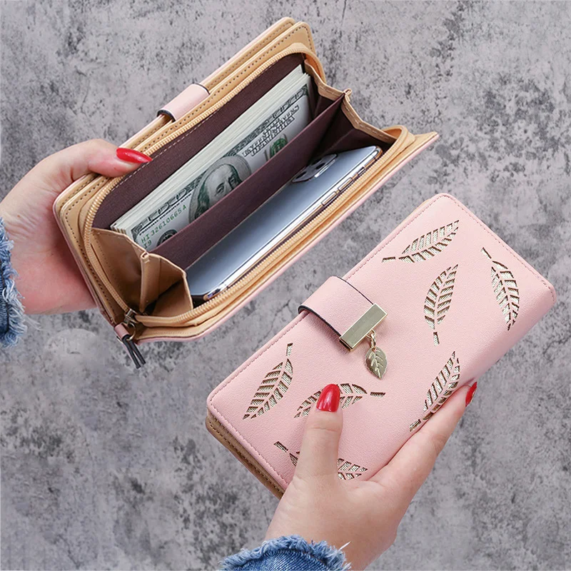 

Women's Hollow Golden Leaf Buckle Wallet Female Long Zipper Coin Purses Ladies Multifunction Card Holder Clutch Money Bag 2023