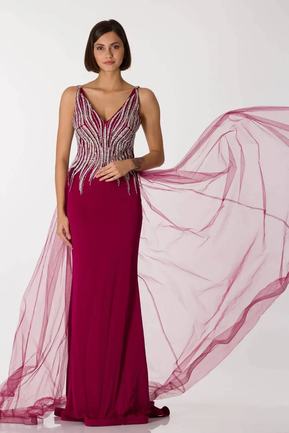 

V-Neck Back Gauze Red Fish Evening Dress
