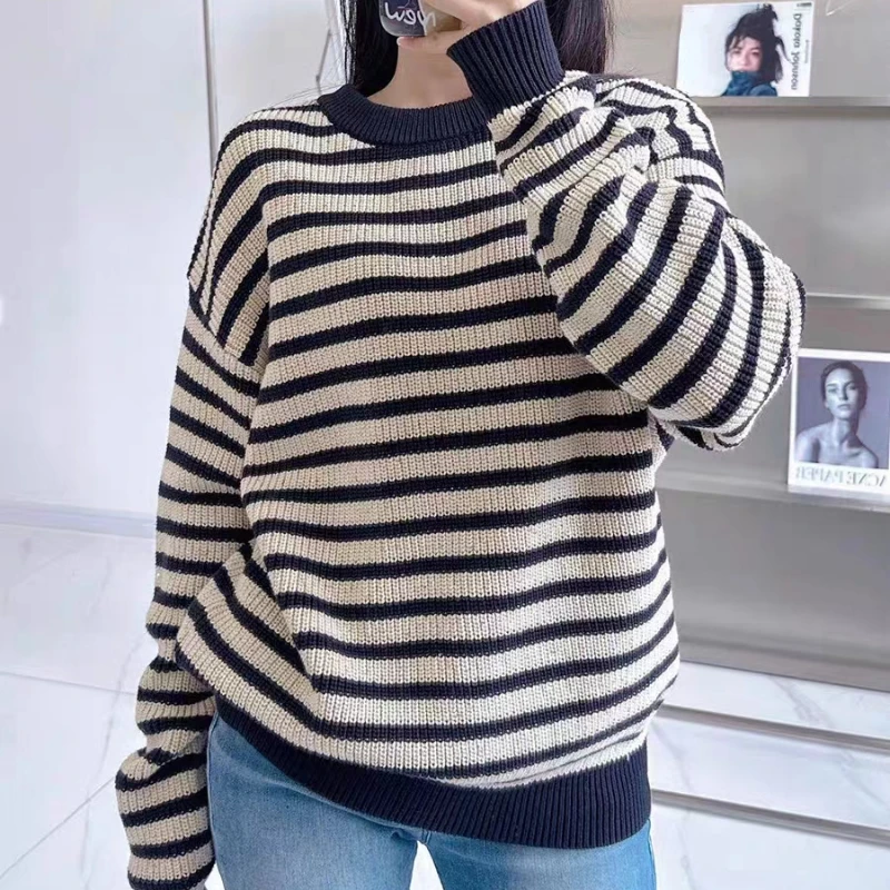 

Round Neck Striped Sequined Cotton Knitted Long-sleeved Loose Sequined Pullover Sweater 2023 New Autumn and Winter