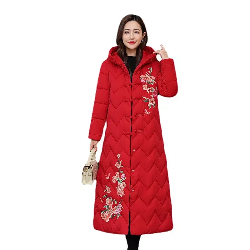 New2022 women embroidered clothes lengthened over knee loose cotton padded jacket Chinese style national style jacket