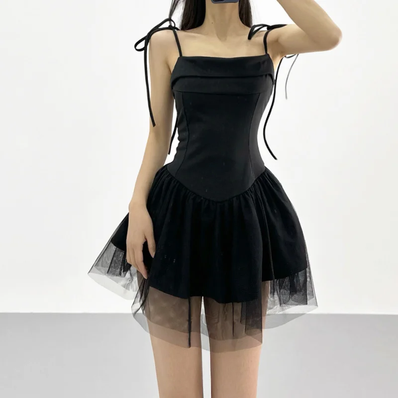 

Lace Sexy TVVOVVIN Women's up Black Mesh Spliced Hanging Strap Dress Women's A-line Slim Fit Girls' Fashion Puffy Dress OCJV