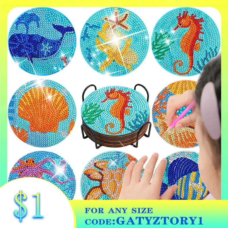 

GATYZTORY 8pc/sets Ocean Diamond Coaster 5D DIY Diamond Painting Cup Mat Pad Rhinestone Embroidery Coaster Placemat Cup Cushion