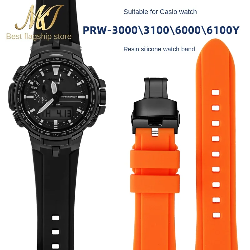 

For Casio PROTREK watch strap PRW-6100Y PRW-3000 PRW-3100 PRW-6000Y/YT/FC-1 Men silicone watchband Stainless steel watch buckle