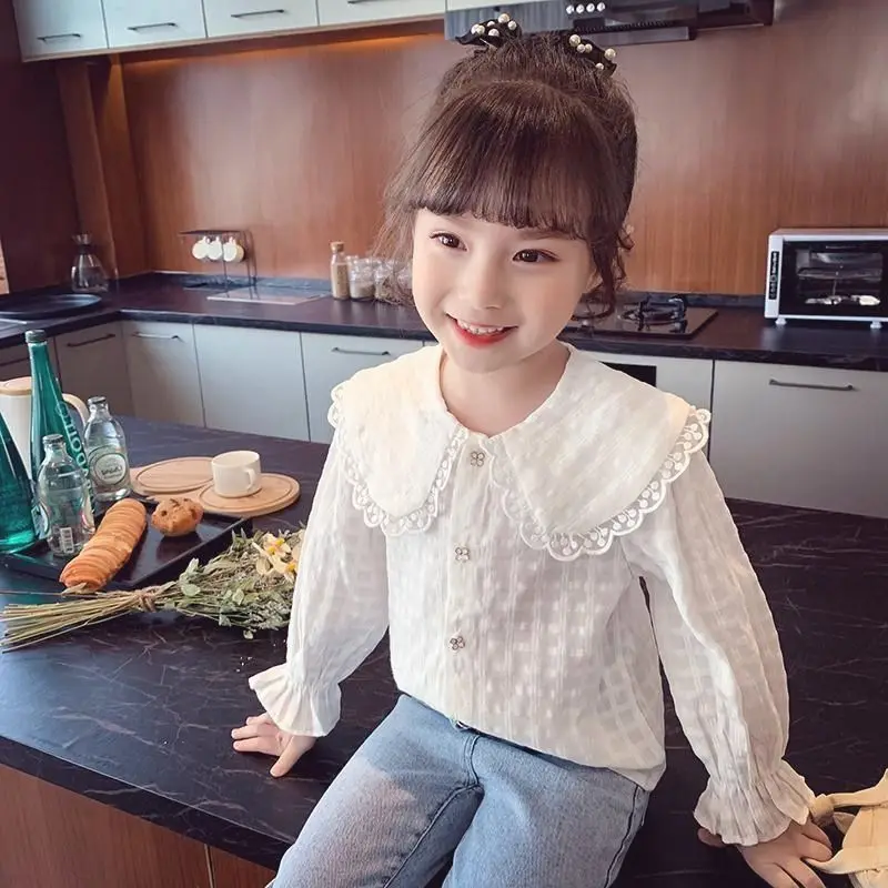 

2022 Girls Kids Soft Cotton Shirts Sweet Lace Princess Tops Shirts Cardigans Children Jackets Clothes
