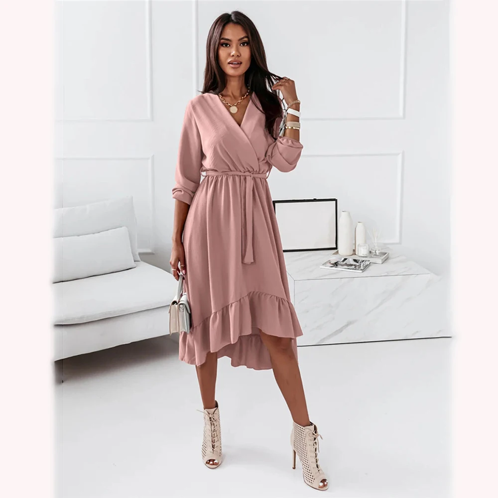 

Women 2022 Fashion V Neck Long Sleeve Green Midi Dress Fall Clothes Casual Elegant Office Ladies Dresses For Woman Robe Femme