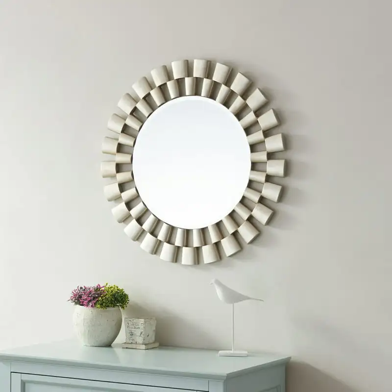 

Gorgeous 24" Round Silver Brushed Framed Wall Mirror - Add Elegance to Your Bathroom Vanity.