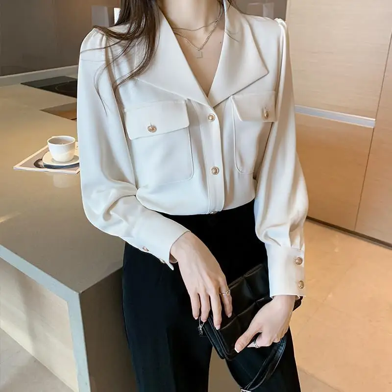 

Shirts for Women Spring Autumn Loose V-Neck Chiffon Shirt Korean Ladies Office Long Sleeves Blouses Top White Blouse Women