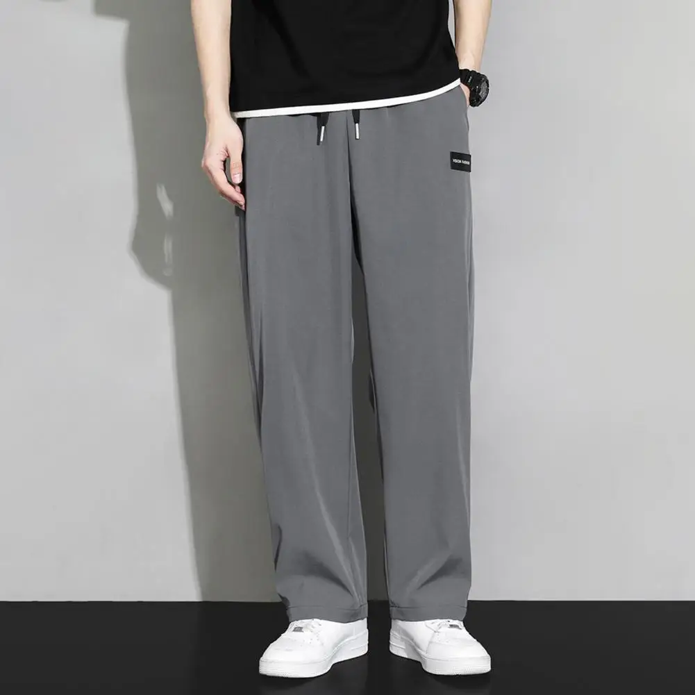 

Men Sweatpants Ice Silk Casual Straight Pants Drawstring Elastic Waist Wide Legs Drawstring Pants Summer Pockets Jogging Trouser