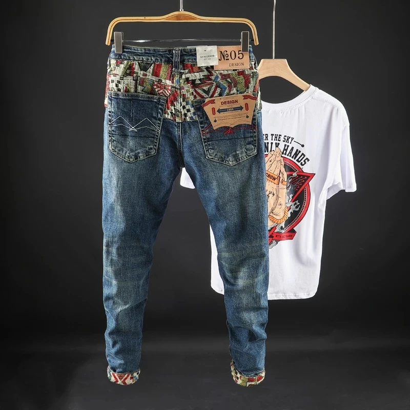Street Fashion Men Jeans High Quality Elastic Embroidery Designer Slim Ripped Jeans Men Patchwork Trousers Vintage Pants Hombre