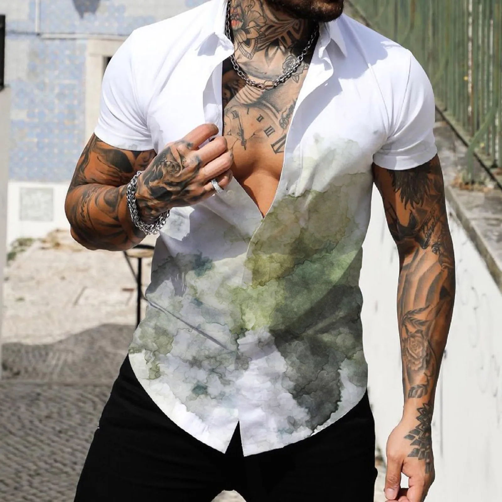 

Men Spring Summer Single Breasted Casual Lapel Full Print Beach Short Sleeve Vacation Outdoor Holiday Long Sleeve Button down