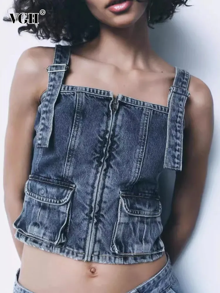 

VGH Spliced Pockets Denim Tank Tops For Women Square Collar Sleeveless Patchwork Zipper Streetwear Camisole Vest Female Fashion