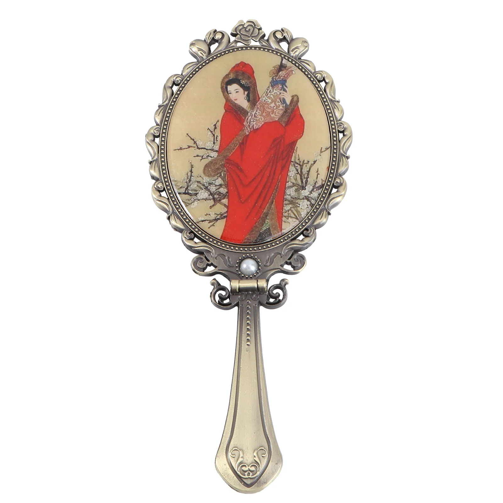 

Mirror Handle Makeup Vintage Metal Handheld Retro Style Embossed Flower Beauty Vanity Rustic Handtable Toolcomb Foldabledesk