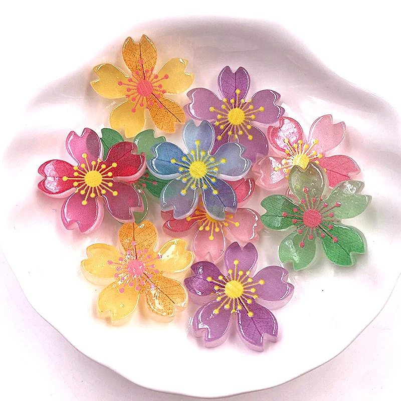 

10PCS Beautiful Flatback Cherry Blossoms Craft Resin Glitter Colorful Luminous Decor DIY Figurine Flower