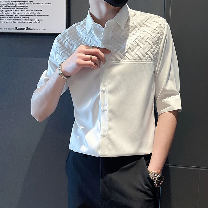 

Брендовая модная деловая рубашка азиатского цвета в стиле пэчворк, Формальные Рубашки с рукавами, однотонное мужское платье размера, уличная одежда в Корейском стиле на лето