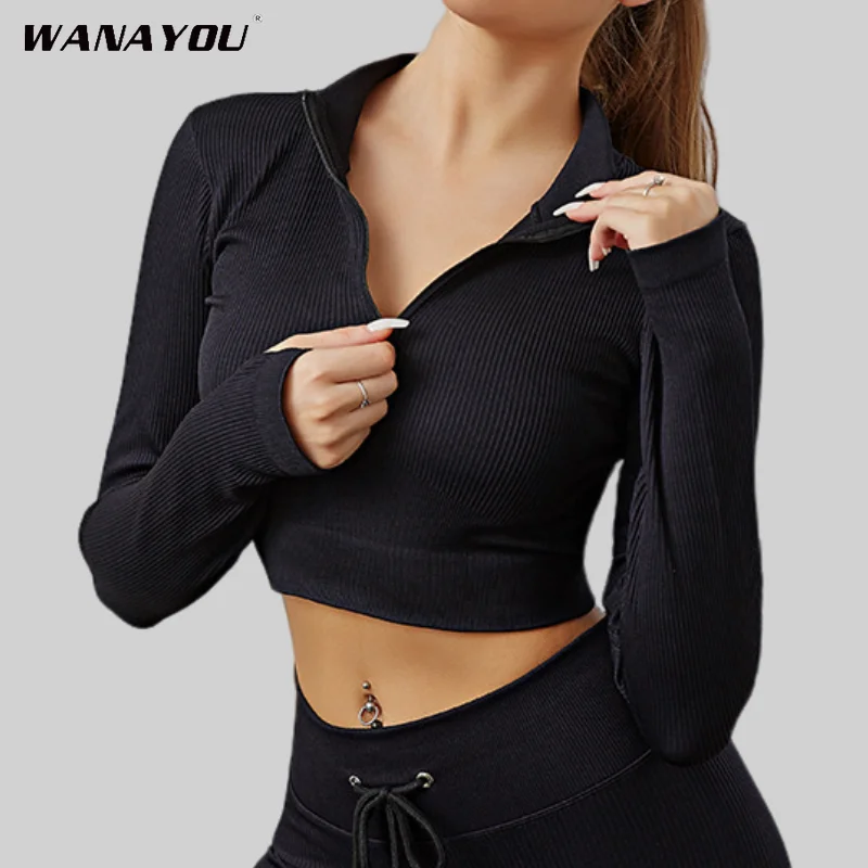 

WANAYOU Zipper Seamless Long Sleeve Yoga Top Women Sports Fitness Gym Crop Top Workout Shirts With Thumb Hole Running Sportswear