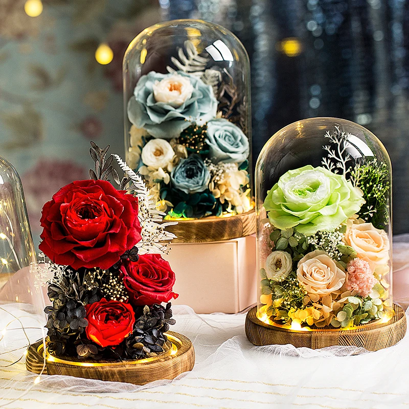 

Glass Dome Cover Terrarium Bottle with Wooden Base Dust Display Cover Glass Jar Display Stand Immortal Flower Box Home Decor