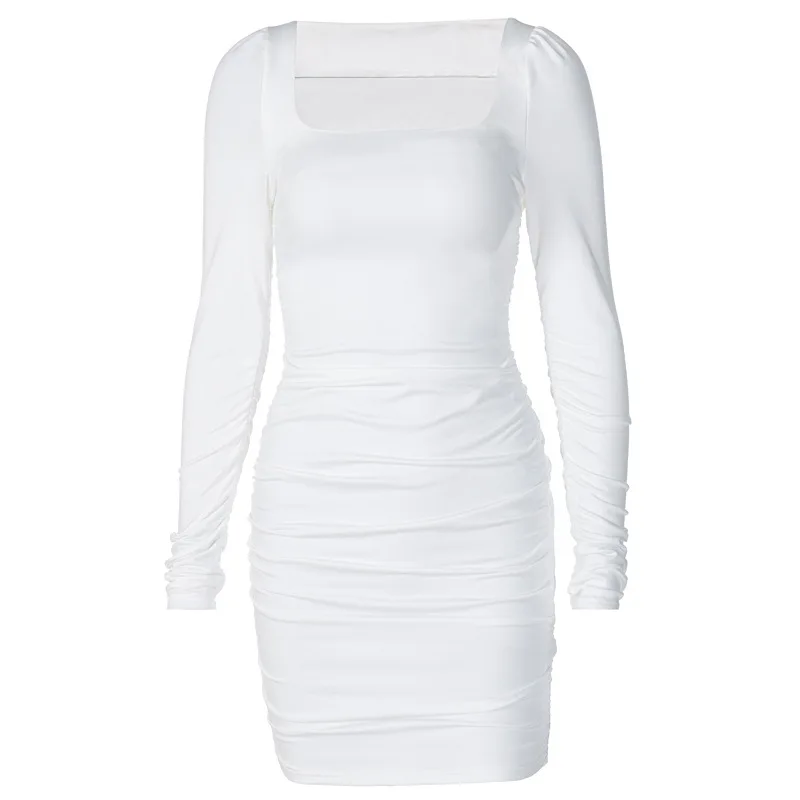 

Ruched Solid Long Sleeve Mini Dress Bodycon Sexy Sheath Dresses for Women Party Elegant Streetwear 2023 Autumn Winter