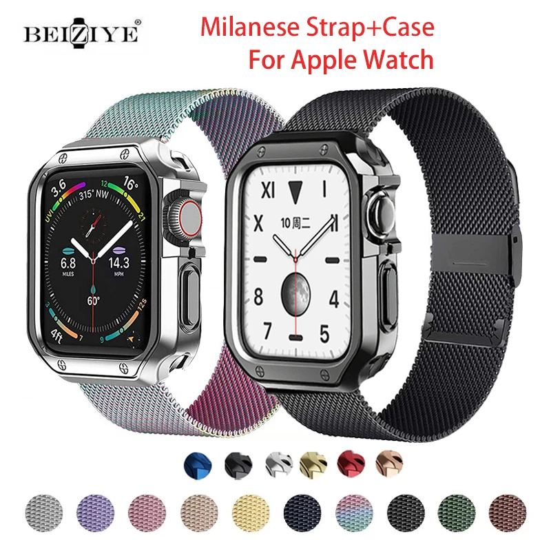 

Металлический ремешок «Миланская петля» + чехол для Apple Watch Band 41 мм 45 мм 44 мм 42 мм 38 мм 40 мм, браслет из стали 316L для Iwatch 7 Se 6